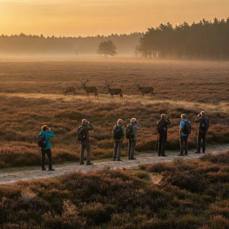 Wandelaars met verrekijkers observeren edelherten tijdens avondschemering op de Veluwezoom heide