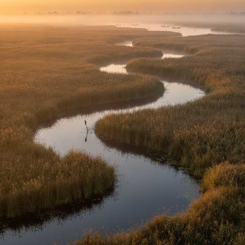 Mistige zonsopkomst boven uitgestrekte rietlanden en open water in natuurgebied De Weerribben