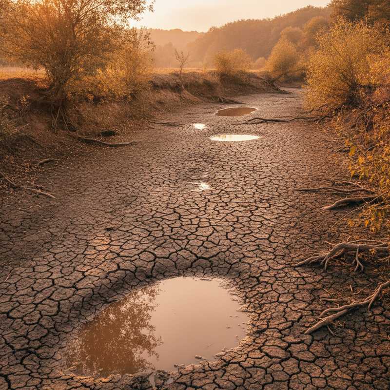 Uitgedroogde beek in Limburg met gebarsten modder en kleine waterplassen, zichtbare droogteschade aan oevers tijdens fase rood
