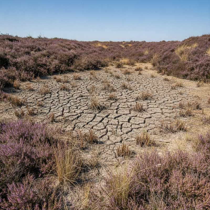 Opgedroogd ven met gebarsten modderbodem en verdorde waterplanten omringd door droge heide