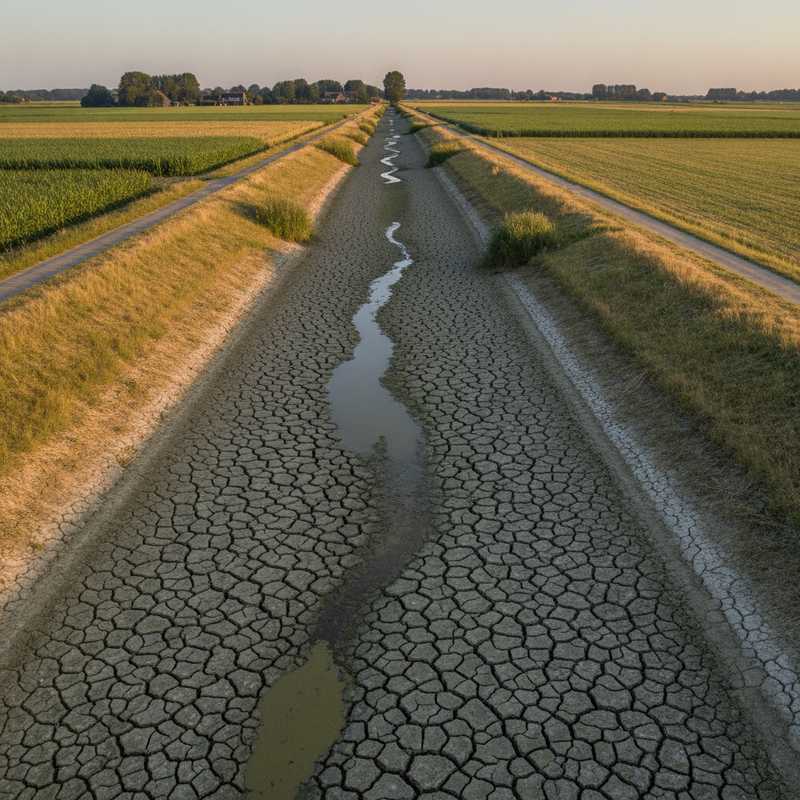 Drooggevallen canal met kale oevers en lage waterstand in landelijk Noord-Brabant tijdens droogte