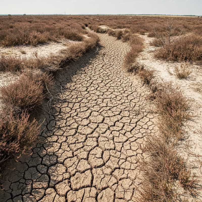 Uitgedroogde beekbedding met gebarsten modder en verdorde oevervegetatie in heidegebied