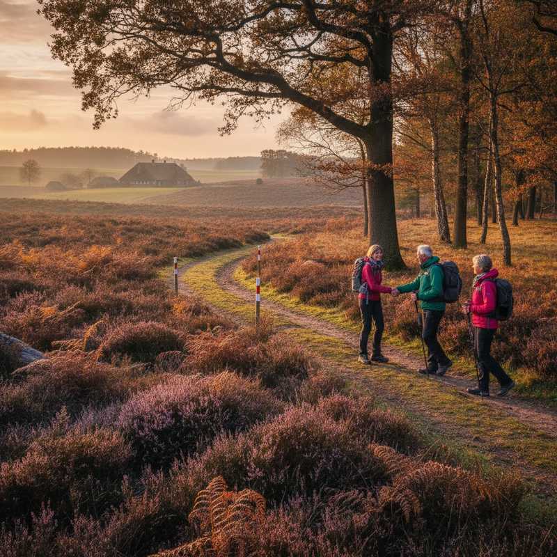 Twee wandelaars begroeten elkaar op een gemarkeerd pad door paarse heide in herfstkleuren