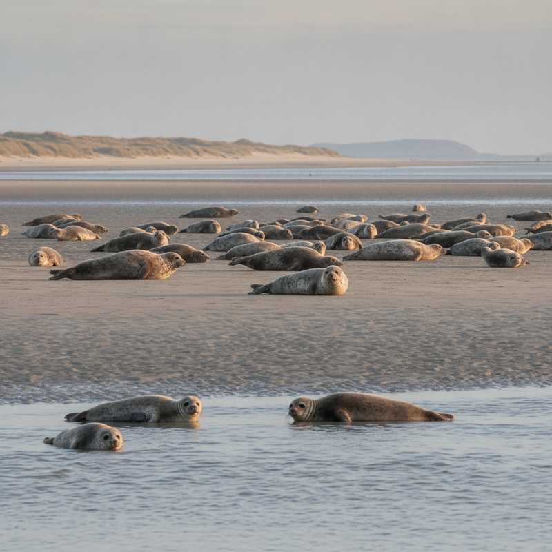 Groep grijze zeehonden liggend op een natte zandbank in de Waddenzee met ondiep water op de achtergrond