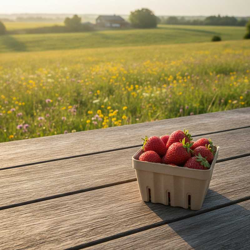 Verse rode aardbeien in een kartonnen bakje op een houten tafel buiten, met natuurlijke omgeving op de achtergrond