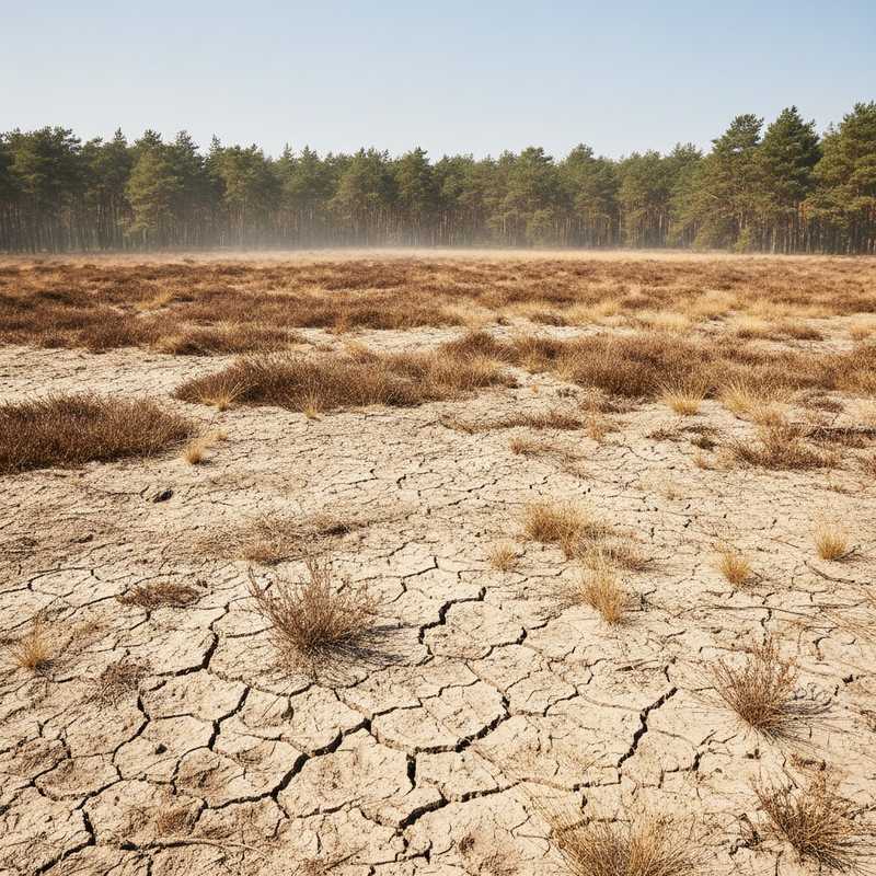 Droge, bruine heideplanten op zanderige bodem met dennenbos op achtergrond tijdens droogte op de Veluwe