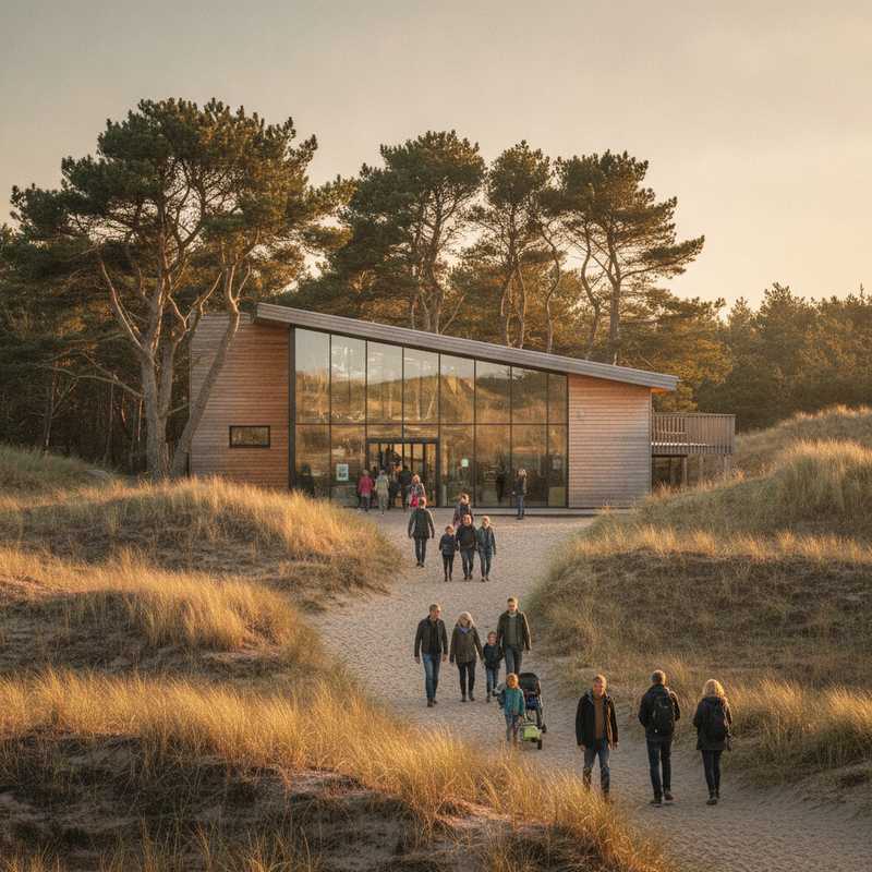 Bezoekerscentrum van Staatsbosbeheer in duinlandschap met wandelaars bij de ingang