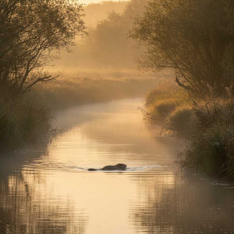 Bever zwemmend in kreek tussen wilgenbomen in de Biesbosch bij zonsopkomst
