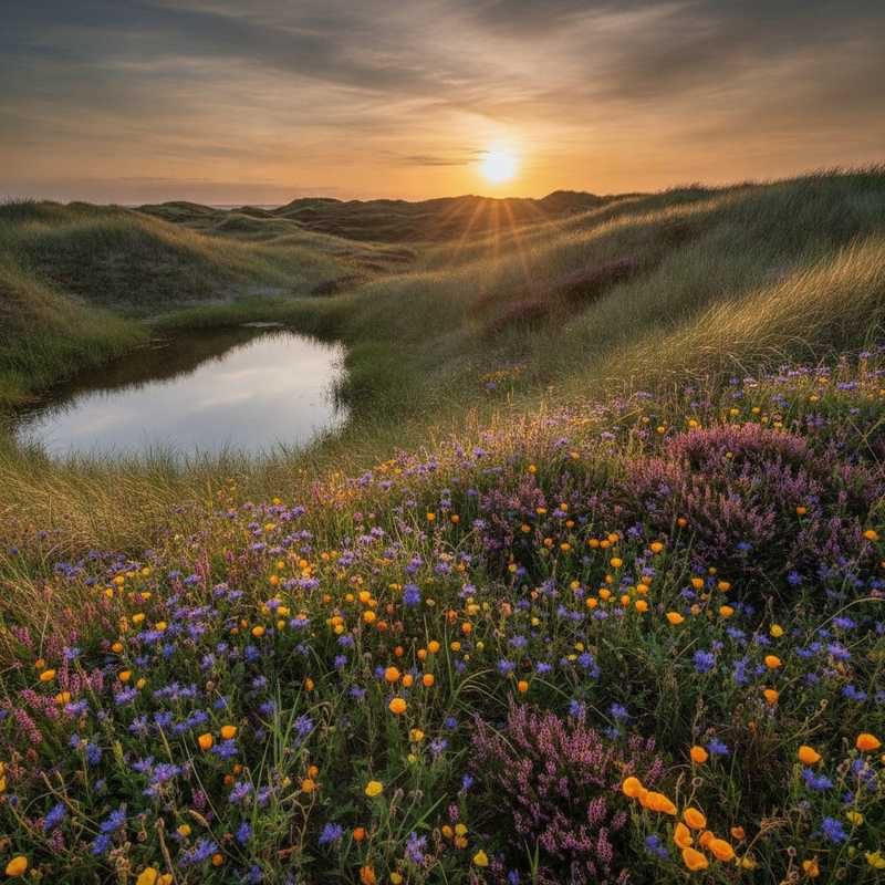 Bloemrijk duinlandschap met poel en helmgras in Noord-Holland tijdens gouden uur