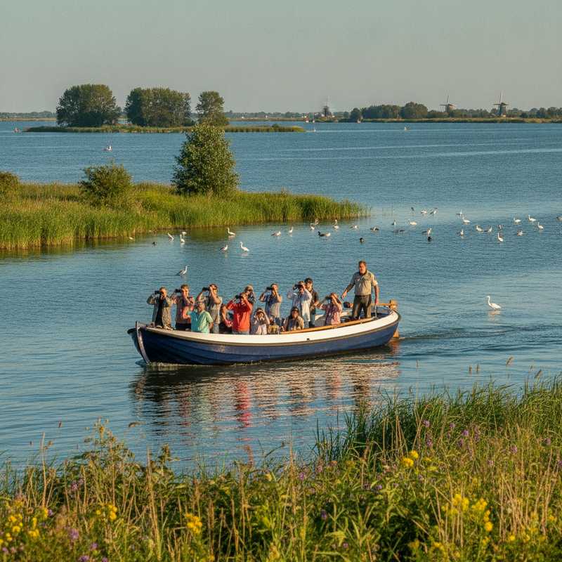 Veerse Meer met boot vol bezoekers tijdens natuurexcursie, rustig water en eilanden op achtergrond
