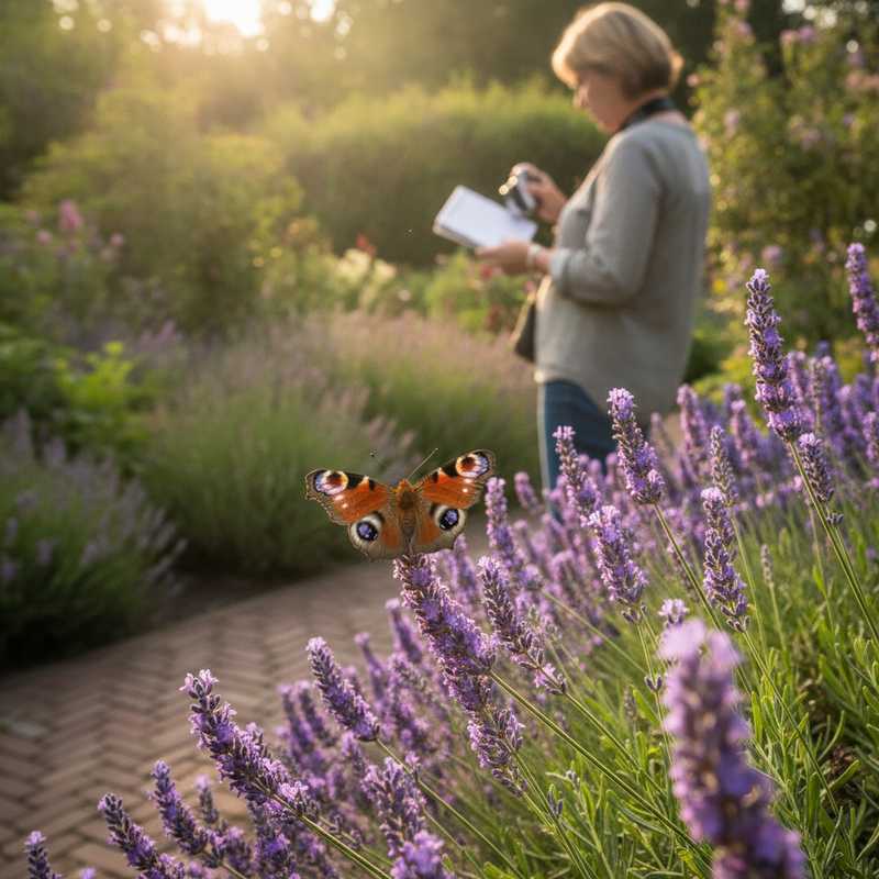 Dagpauwoog vlinder op lavendel in Nederlandse tuin met natuurliefhebber op de achtergrond tijdens vlindertelling