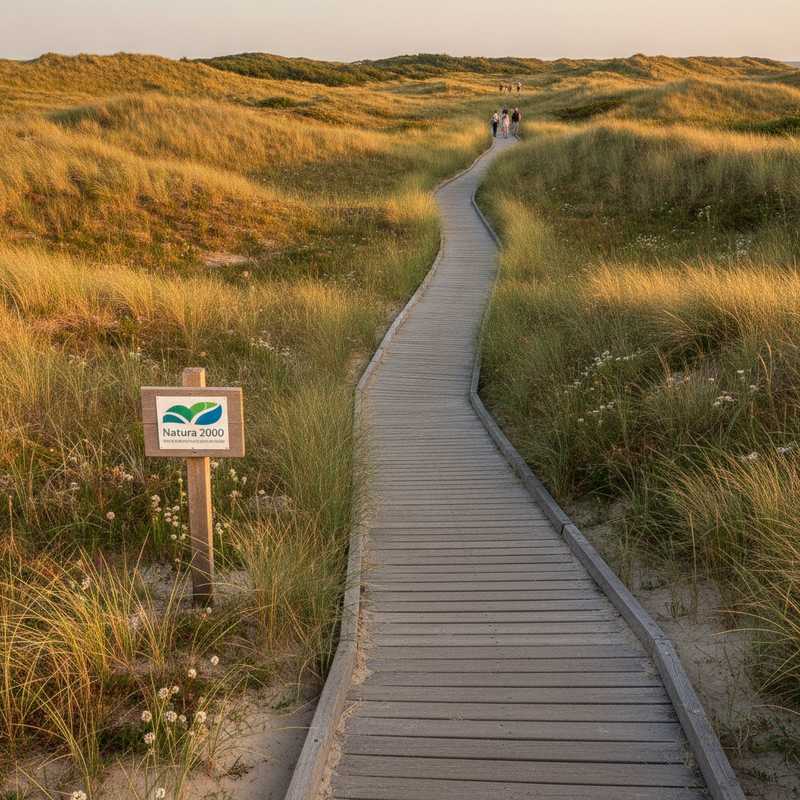 Wandelpad door Nederlandse duinen met gezonde vegetatie en informatiebordje Natura 2000