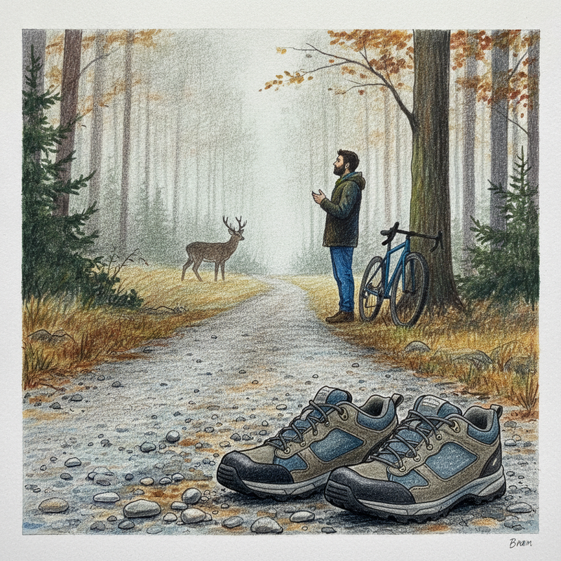 Een kleurrijke illustratie van een persoon die op Gore-Tex schoenen een gravelpad bewandelt door een mistig herfstbos, met een ree op de achtergrond. Het beeld straalt vrijheid en comfort uit.