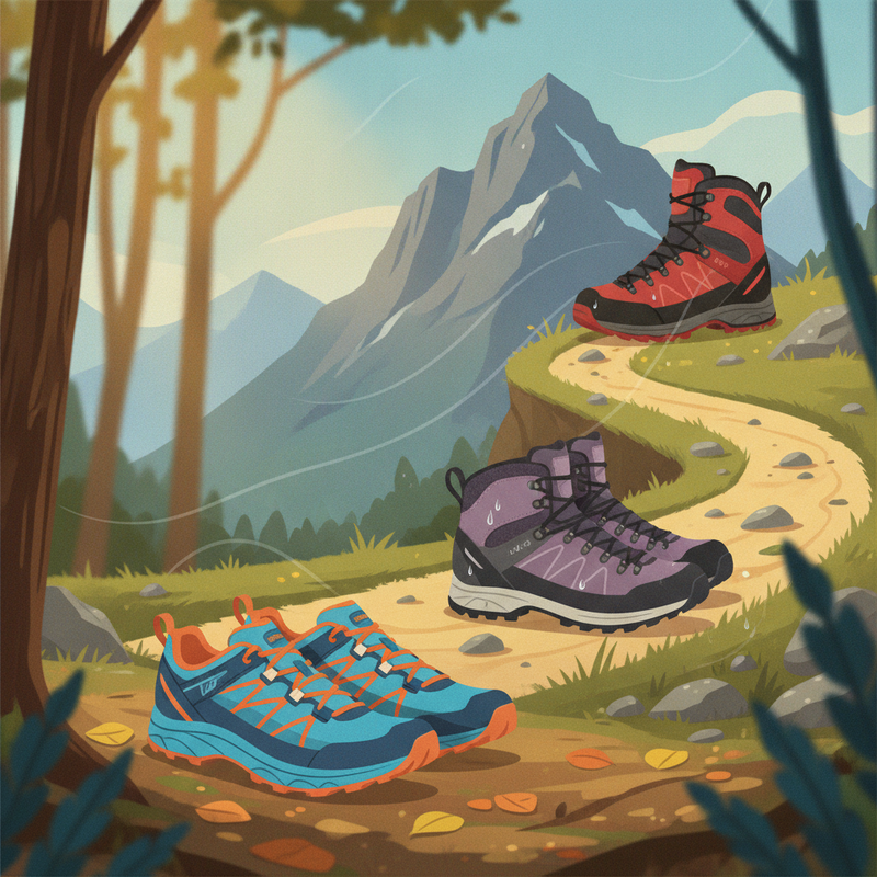 Een kleurrijke illustratie van drie verschillende typen Gore-Tex wandelschoenen voor dames: een lichtgewicht trailrunningschoen op een bospad, een mid-hoge wandelschoen op een heuvelachtig pad, en een stevige hoge bergschoen op een rotsachtige ondergrond, die de veelzijdigheid voor verschillende terreinen en activiteiten toont.
