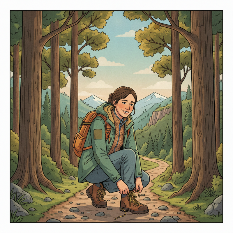Een illustratie van een persoon die wandelt in de natuur, gekleed in ademende outdoor kledinglagen en stevige wandelschoenen, die de basis vormen voor comfort en veiligheid. De persoon bindt een veter van een van de wandelschoenen.