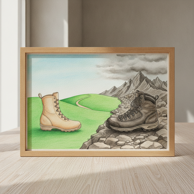 Een kleurrijke tekening van twee verschillende wandelschoenen. Links staat een lichte, moderne wandelschoen op een glooiende groene heuvel met een zacht pad. Rechts staat een donkere, robuuste wandelschoen stevig op een rotsachtig bergpad.