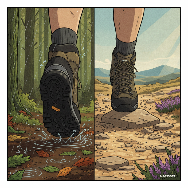 Een kleurrijke illustratie van een Lowa Renegade GTX Mid wandelschoen die stevig staat op een pad dat overgaat van een regenachtig, modderig bos naar een droge, rotsachtige heide.