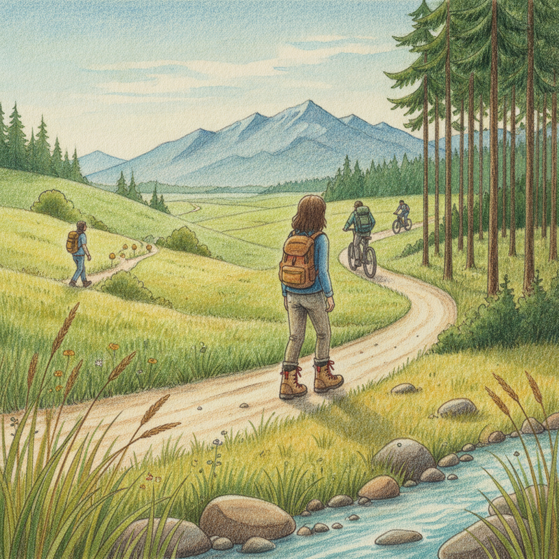 Een kleurrijke tekening van een hiker op een kronkelend pad, omringd door gevarieerde natuur zoals glooiende heuvels en bossen. Op de achtergrond zijn subtiel andere buitenmensen te zien, waaronder een dagjeswandelaar, een trekker en een fietser, wat de veelzijdigheid en vrijheid van buitenactiviteiten symboliseert.