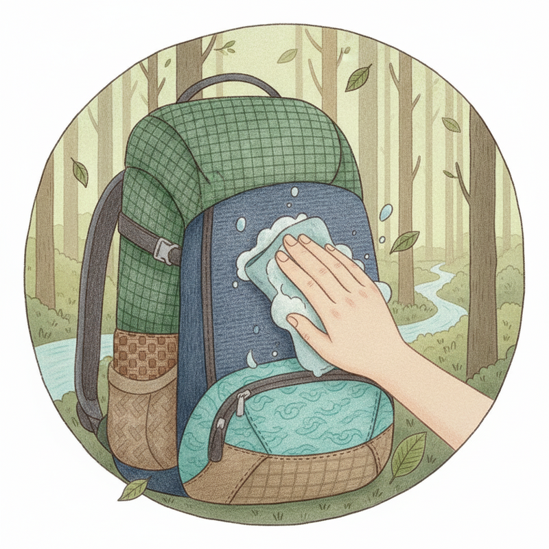 Een hand wast voorzichtig een trekkingrugzak. De achtergrond toont abstracte texturen van duurzame stoffen zoals ripstop, met natuurlijke kleuren die de verbinding met het buitenleven symboliseren.