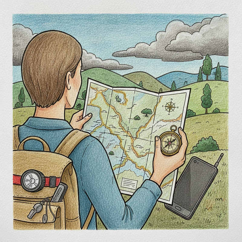 Een illustratie van een persoon die een kaart en kompas gebruikt, met op de achtergrond een smartphone, hoofdlamp, fluitje en multitool, omringd door natuurlijke elementen.