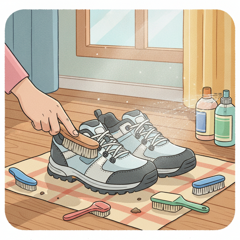 Een kleurrijke illustratie van outdoor schoenen die worden schoongemaakt en onderhouden. Een hand borstelt zachtjes modder van een schoen, terwijl de andere schoen wordt besproeid met impregneermiddel. De schoenen staan in een lichte ruimte, weg van een verwarming.