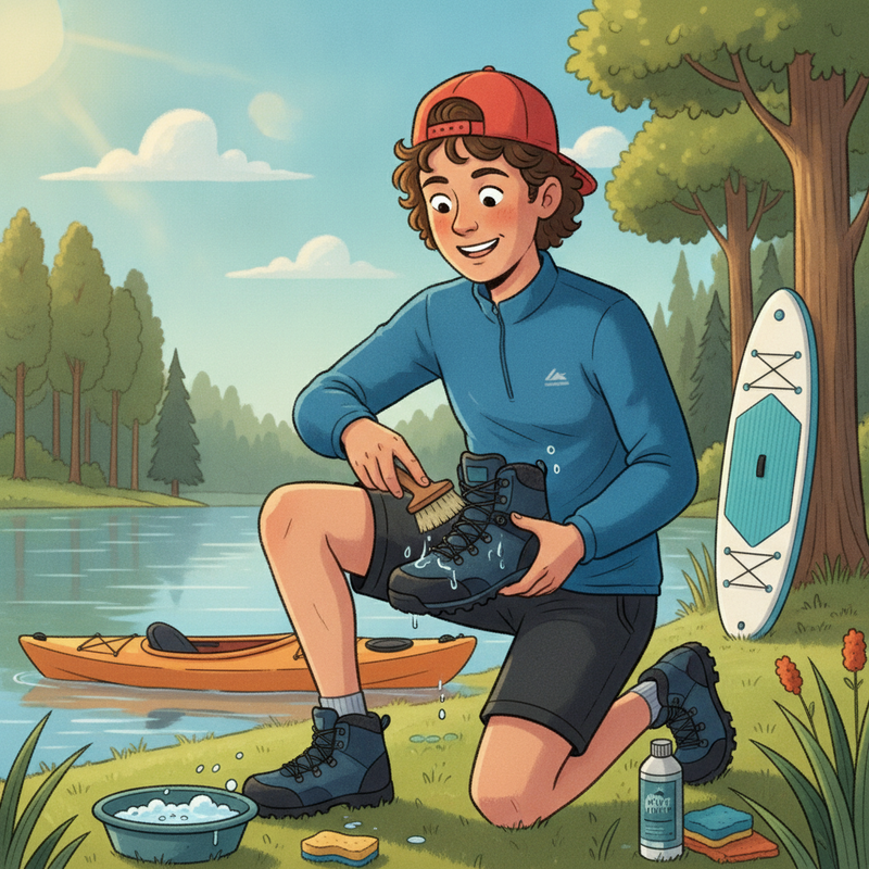 Een kleurrijke tekening van een persoon die waterdichte Gore-Tex wandelschoenen schoonmaakt met een borstel en water, naast een meer met een kajak op de achtergrond. Het water parelt mooi van de schoen af.