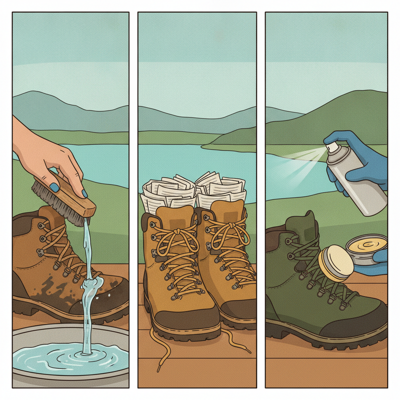Een illustratie van outdoor schoenen die worden schoongemaakt met een borstel, gedroogd met krantenpapier en behandeld met een impregneerspray, wat het belang van onderhoud toont.