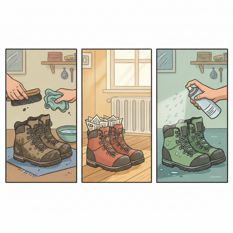 Een illustratie van het onderhoudsproces van waterdichte wandelschoenen: modderige schoenen worden schoongemaakt met een borstel, schoenen drogen met krantenpapier erin, en schoenen worden ingesprayd met impregneermiddel.