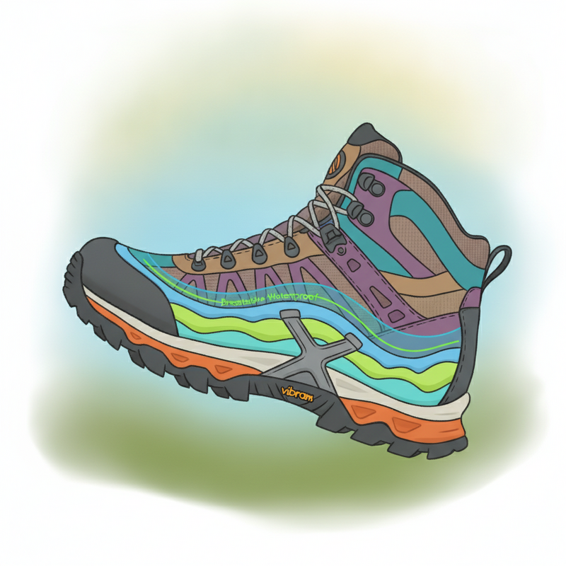 Een gedetailleerde doorsnede van een wandelschoen in een kleurrijke tekenstijl, die de zool, demping, stabilisatoren en waterdichte laag toont.
