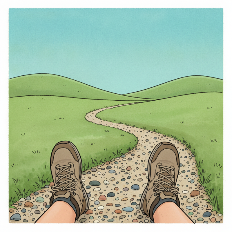 Een illustratie van voeten in comfortabele wandelschoenen op een kronkelend gravelpad, met een sereen landschap van groene heuvels en een blauwe lucht op de achtergrond.