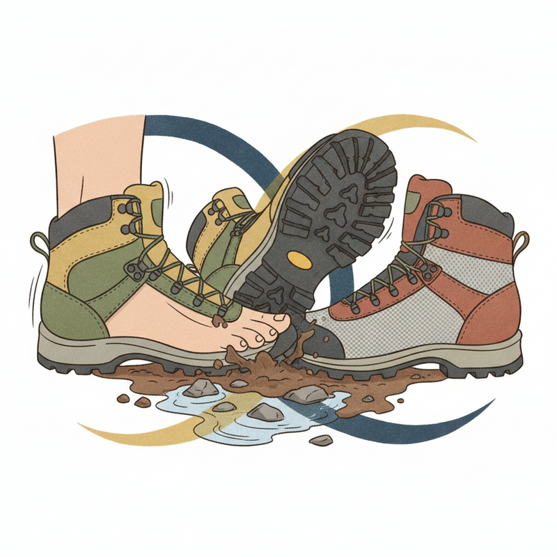 Een illustratie van een wandelschoen die de perfecte pasvorm (ruimte voor de tenen, stevige hiel), zoolgrip op diverse ondergronden (modder, rotsen) en de materiaalkeuze (leer versus synthetisch) visualiseert.
