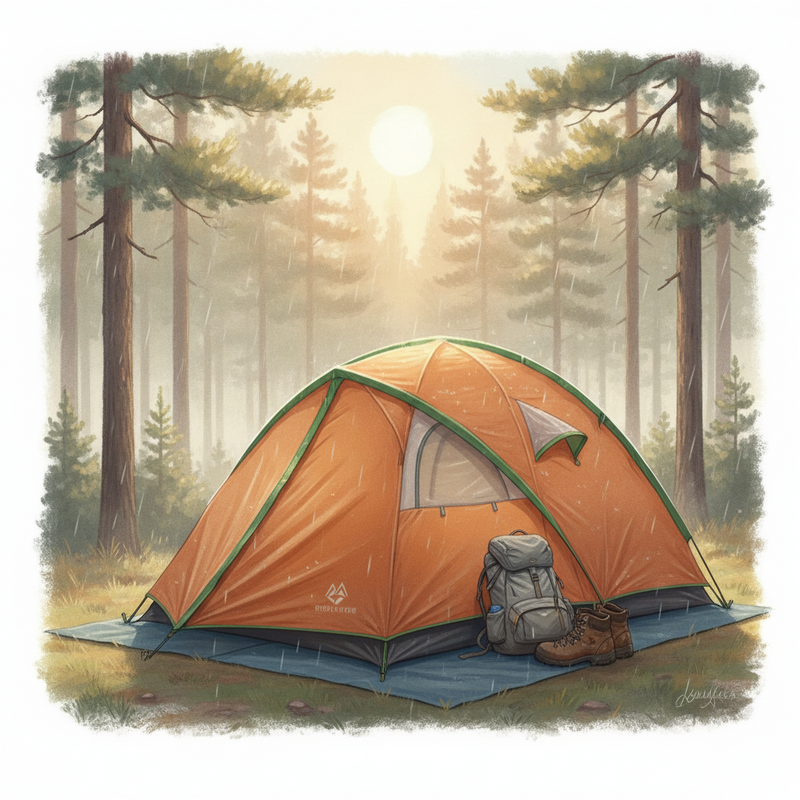Een kleurrijke, compacte tent staat stevig in een serene buitenomgeving. Een rugzak en wandelschoenen liggen netjes in de vestibule. Zichtbare ventilatieopeningen en een schone ondergrond benadrukken het comfort en de duurzaamheid.