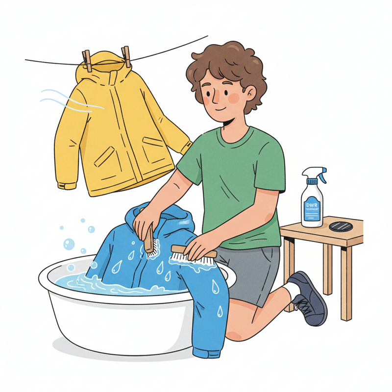 Een geanimeerde afbeelding van een energiek persoon die een blauwe waterdichte jas zorgvuldig met de hand wast, terwijl waterdruppels van de stof afparelen. Op de achtergrond hangt een gele jas te drogen en liggen reparatiespullen klaar.