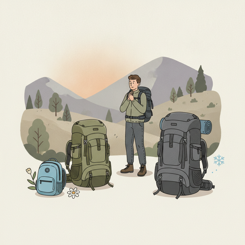 Illustratie van een hiker die een keuze maakt tussen drie verschillende trekkingrugzakken van klein, middelgroot en groot formaat, staand in een natuurlijke omgeving met subtiele seizoensdetails.