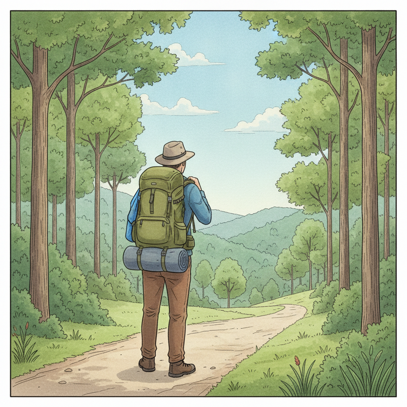 Een persoon met een goed passende trekkingrugzak op een wandelpad in een groene natuurlijke omgeving, wat de essentie van een comfortabele en voorbereide buitenervaring symboliseert.