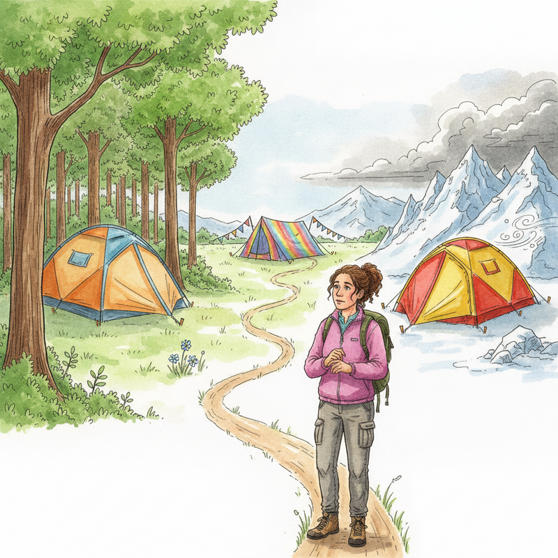 Een illustratie van verschillende tenttypes in diverse landschappen: een groene 3-seizoenen tent in een bos, een robuuste 4-seizoenen tent in een besneeuwd berglandschap, en een kleurrijke festivaltent op een open veld. Een wijze vrouw observeert de scènes, symboliserend de overweging van bestemming, seizoen en gezelschap.