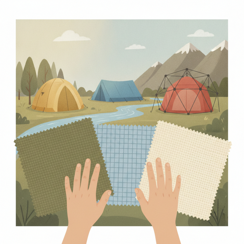 Een illustratie van verschillende tentstoffen (polyester, ripstop nylon, technisch katoen) en tentconstructies (koepel, tunnel, geode) in een natuurlijke omgeving, symboliserend comfort en veiligheid.