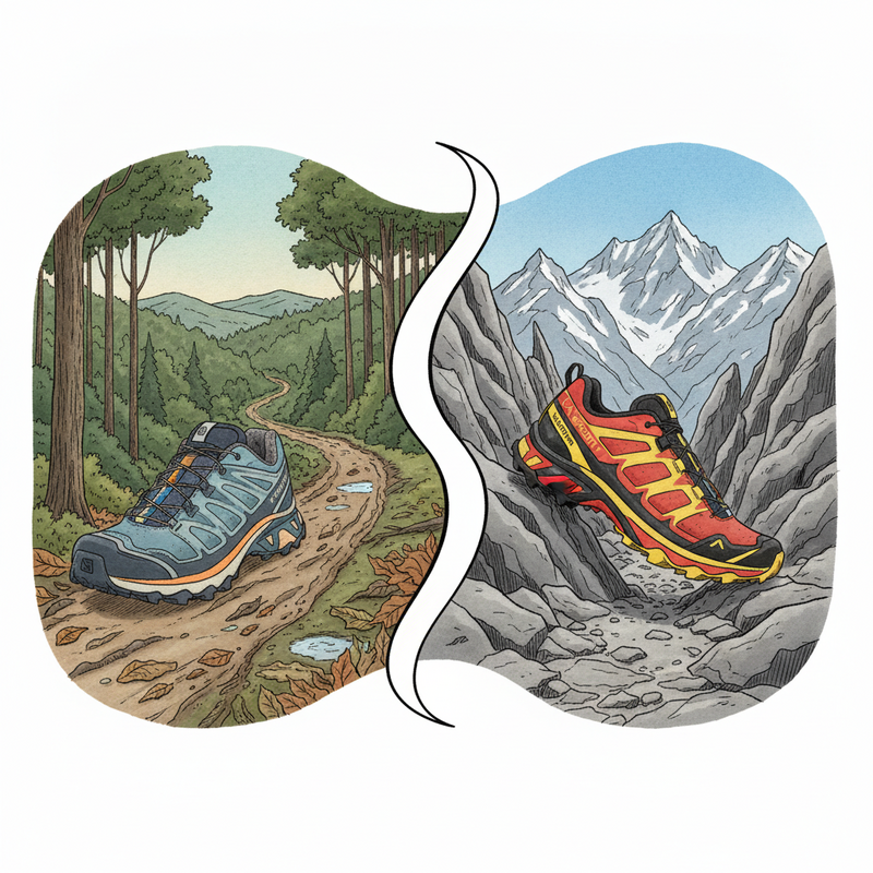 Een illustratie die een robuuste Salomon XA Pro 3D trailschoen op een bosrijk pad vergelijkt met een agressieve La Sportiva Ultra Raptor trailschoen op een rotsachtig bergpad, symboliserend stabiliteit versus precisie.