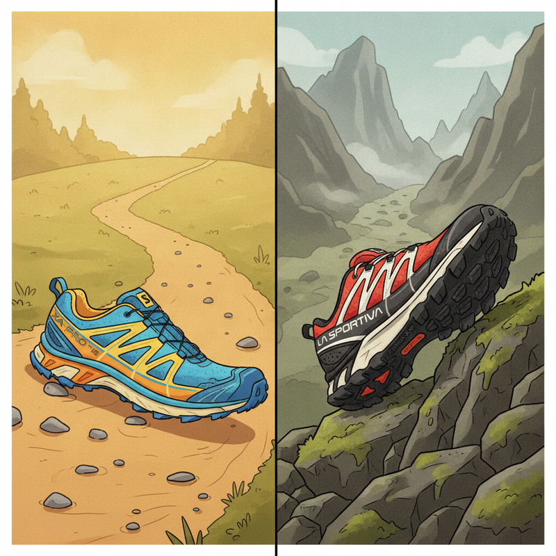 Een illustratie die twee verschillende trailschoenen toont. Links staat een Salomon XA Pro 3D op een vlak, droog pad, wat de comfortabele demping en allround grip symboliseert. Rechts staat een La Sportiva Ultra Raptor op een ruig, rotsachtig en modderig pad, wat de superieure grip op technisch terrein en de robuuste duurzaamheid van de schoen weergeeft.