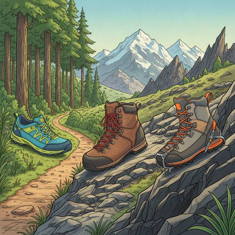 Illustratie van drie typen wandelschoenen (licht, trekking, berg) op verschillende terreinen zoals een bos, heuvelachtig pad en rotsachtig berglandschap, onder een blauwe lucht.