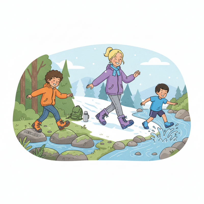 Een kleurrijke tekening van een vrolijke moeder en twee kinderen die verschillende buitenactiviteiten doen. Een kind stapt op natte rotsen in het bos, de moeder loopt op een besneeuwd pad en het andere kind speelt bij het water, elk met schoenen met een specifieke Vibram zool die past bij de ondergrond.