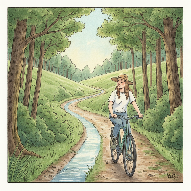 Illustratie van een persoon die rustig wandelt of fietst over een gevarieerd pad, dat door een bos en over glooiende heuvels loopt. Het pad gaat van gravel naar modderig, en een klein beekje kruist het. De persoon straalt vrijheid en comfort uit, onbezorgd over de ondergrond. De scène is kleurrijk en vredig.