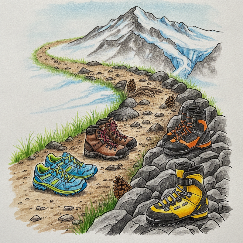 Een illustratie van diverse wandelschoenen, van lichte trailschoenen tot robuuste alpine laarzen, elk passend bij een geleidelijk veranderend landschap van een vlak bospad naar een rotsachtig bergpad en een besneeuwde bergtop.