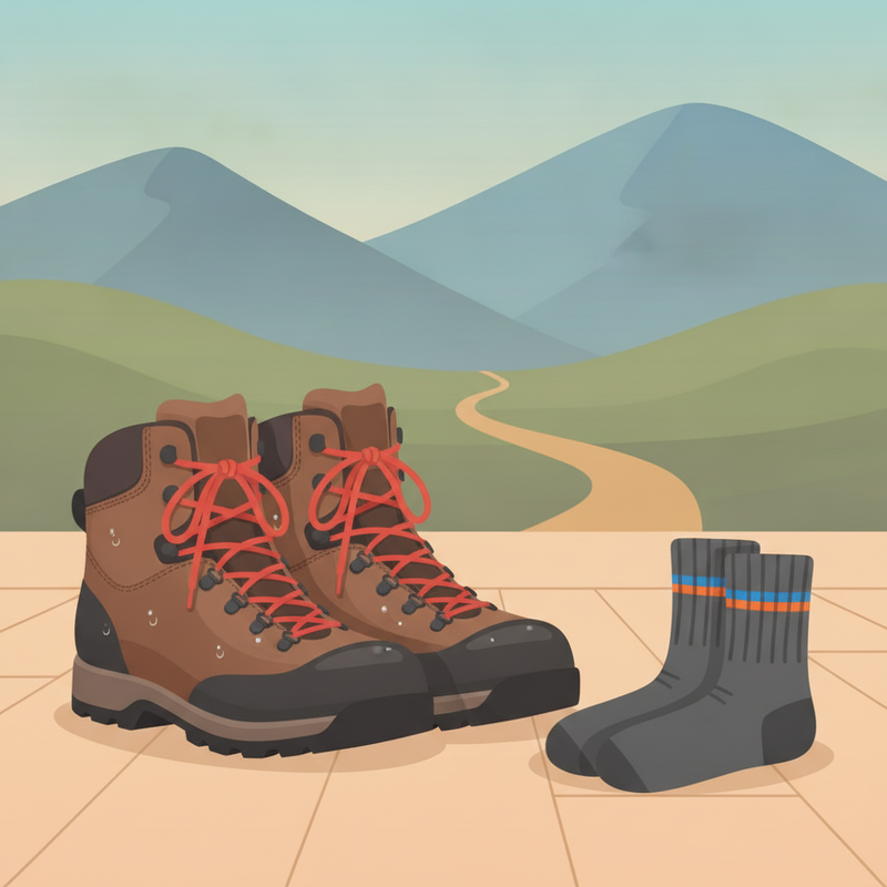 Een illustratie van een paar schone, goed onderhouden wandelschoenen met ernaast opgevouwen naadloze wandelsokken. De achtergrond toont een gestileerd berglandschap.