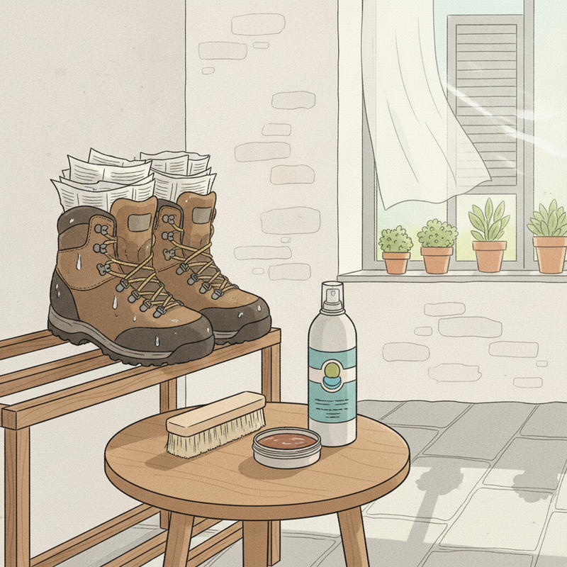 Een illustratie van twee schone, drogende wandelschoenen met krantenpapier erin, omringd door onderhoudsproducten zoals een borstel, leerwax en impregneerspray, in een opgeruimde opslagruimte.