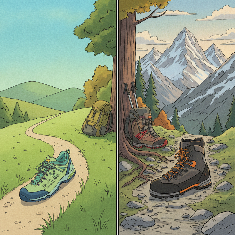 Een illustratie toont drie verschillende soorten wandelschoenen, elk geplaatst in een bijbehorend landschap: een lichte schoen op een grasrijk pad, een stevige schoen op een bosrijk, rotsig pad, en een alpine laars op een bergpad met sneeuw en rotsen.