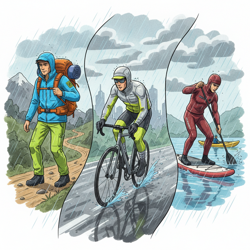 Een illustratie van vier personen die verschillende buitenactiviteiten beoefenen in de regen. Een wandelaar met rugzak, een fietser, een supper en een kajakker. Allen dragen specifieke waterdichte kleding passend bij hun activiteit.