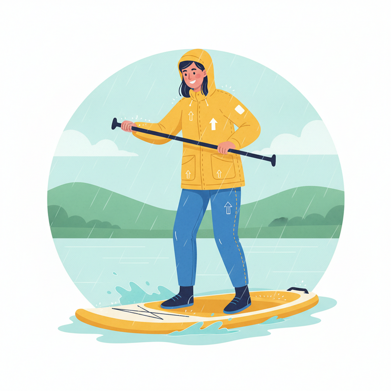 Een vrolijke persoon in felgekleurde waterdichte regenkleding staat op een paddleboard in de regen, met opspattend water en subtiele visuele hints van ademend vermogen en getapete naden.