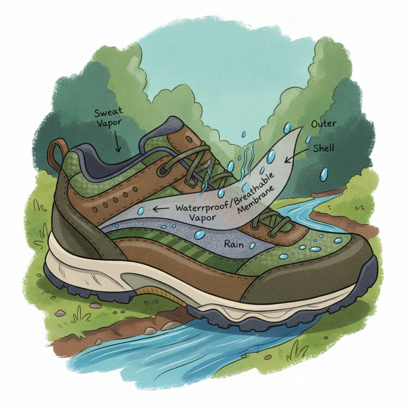 Illustratie van een outdoor schoen die ademende materialen toont. Zweetdamp ontsnapt van binnenuit door microscopische poriën, terwijl regendruppels van buitenaf worden tegengehouden, wat een comfortabel en droog voetklimaat symboliseert.