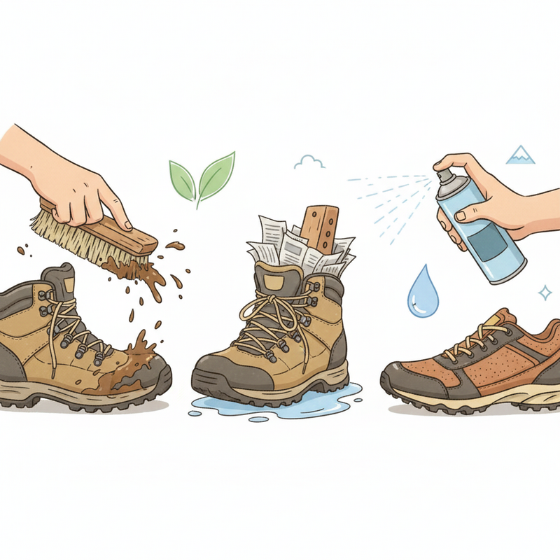 Illustratie van drie stappen in het onderhoud van outdoorschoenen: een hand die modder van een schoen borstelt, een schoen die droogt met krantenpapier op een schoenspanner, en een hand die een impregneerspray aanbrengt op een schoen.